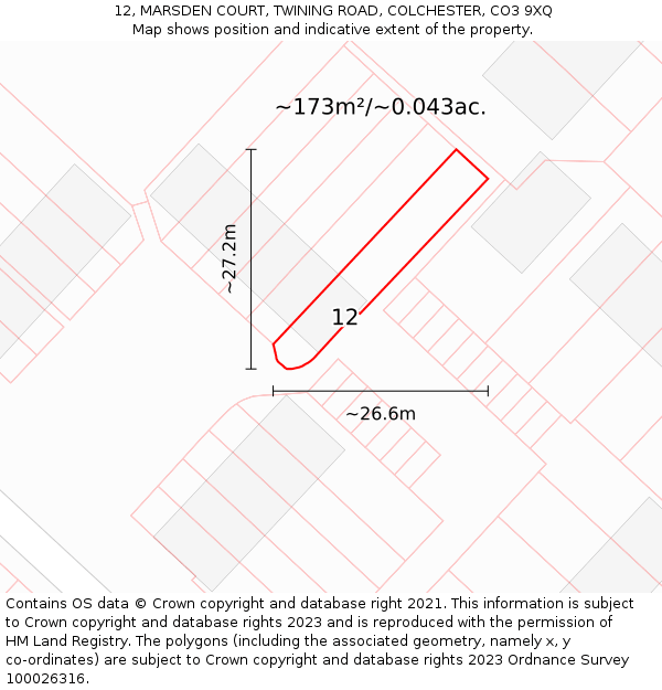 12, MARSDEN COURT, TWINING ROAD, COLCHESTER, CO3 9XQ: Plot and title map