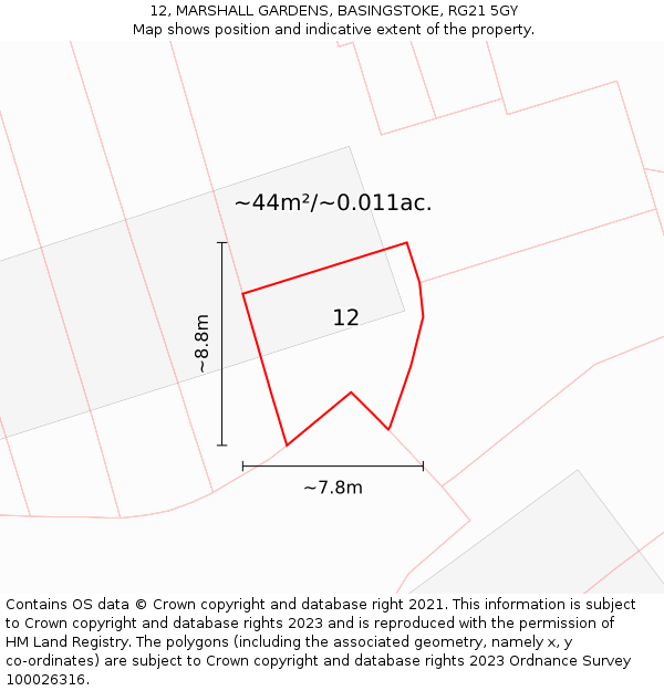 12, MARSHALL GARDENS, BASINGSTOKE, RG21 5GY: Plot and title map