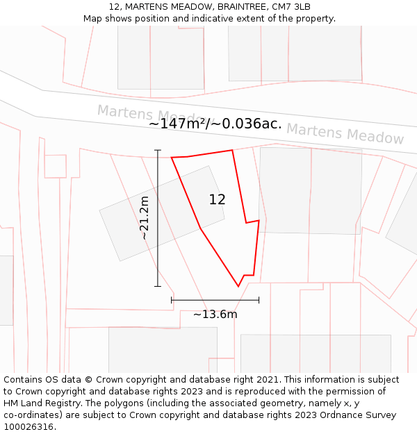 12, MARTENS MEADOW, BRAINTREE, CM7 3LB: Plot and title map