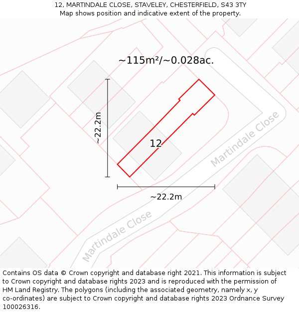 12, MARTINDALE CLOSE, STAVELEY, CHESTERFIELD, S43 3TY: Plot and title map