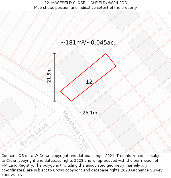 12, MASEFIELD CLOSE, LICHFIELD, WS14 9DD: Plot and title map