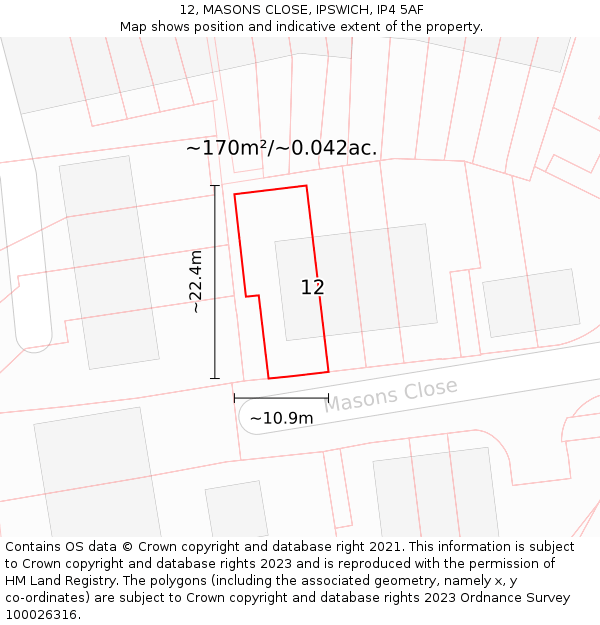 12, MASONS CLOSE, IPSWICH, IP4 5AF: Plot and title map