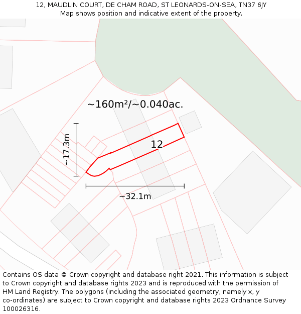 12, MAUDLIN COURT, DE CHAM ROAD, ST LEONARDS-ON-SEA, TN37 6JY: Plot and title map