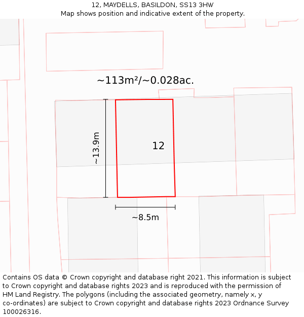 12, MAYDELLS, BASILDON, SS13 3HW: Plot and title map