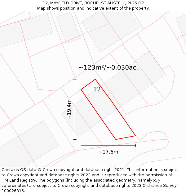12, MAYFIELD DRIVE, ROCHE, ST AUSTELL, PL26 8JP: Plot and title map