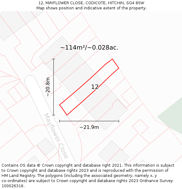 12, MAYFLOWER CLOSE, CODICOTE, HITCHIN, SG4 8SW: Plot and title map
