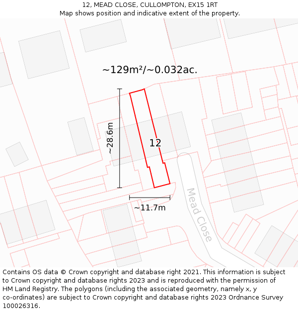 12, MEAD CLOSE, CULLOMPTON, EX15 1RT: Plot and title map