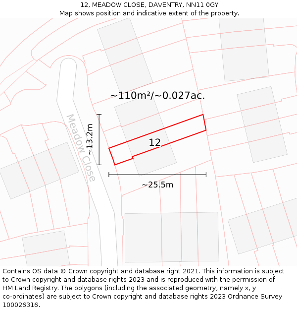 12, MEADOW CLOSE, DAVENTRY, NN11 0GY: Plot and title map