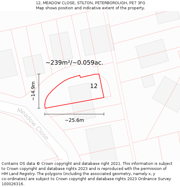 12, MEADOW CLOSE, STILTON, PETERBOROUGH, PE7 3FG: Plot and title map