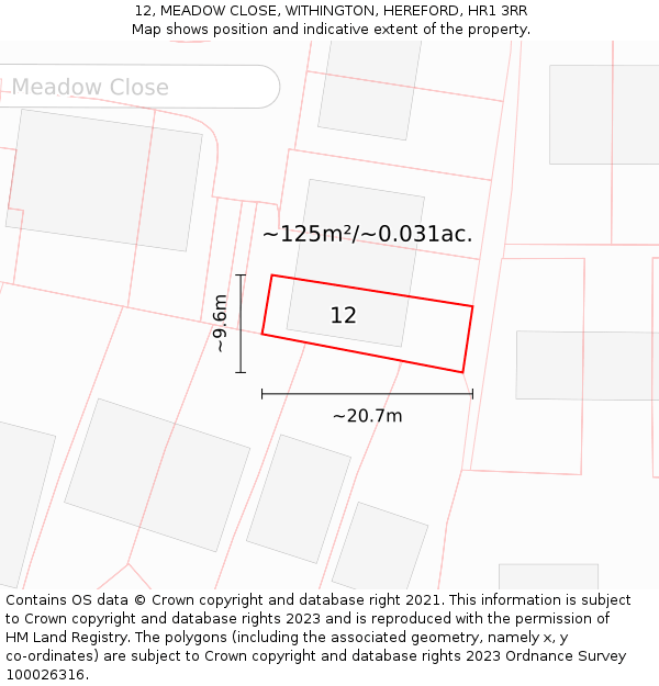 12, MEADOW CLOSE, WITHINGTON, HEREFORD, HR1 3RR: Plot and title map