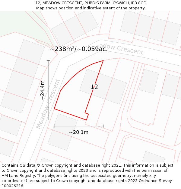 12, MEADOW CRESCENT, PURDIS FARM, IPSWICH, IP3 8GD: Plot and title map