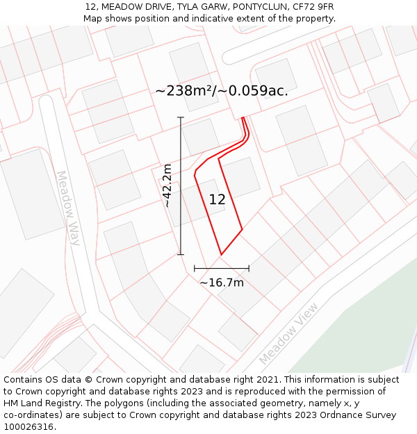 12, MEADOW DRIVE, TYLA GARW, PONTYCLUN, CF72 9FR: Plot and title map