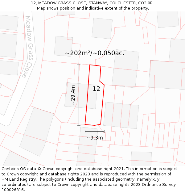 12, MEADOW GRASS CLOSE, STANWAY, COLCHESTER, CO3 0PL: Plot and title map