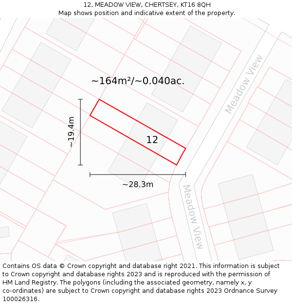 12, MEADOW VIEW, CHERTSEY, KT16 8QH: Plot and title map