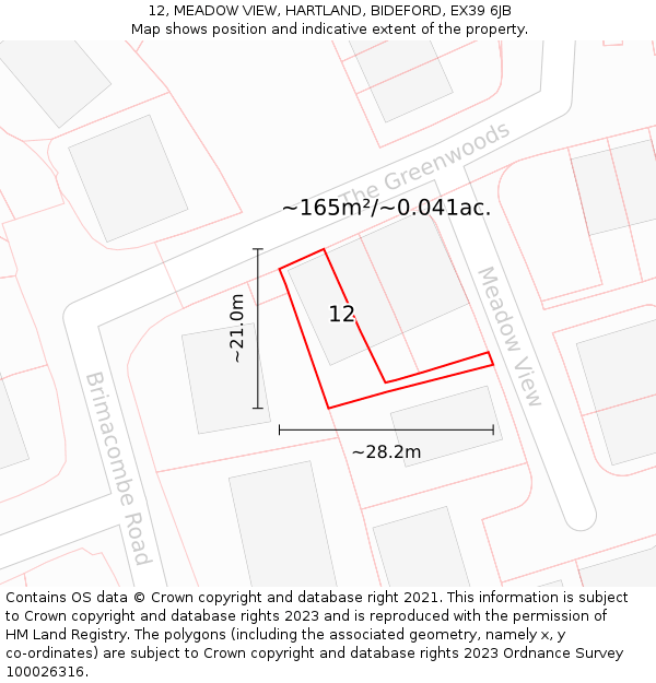 12, MEADOW VIEW, HARTLAND, BIDEFORD, EX39 6JB: Plot and title map