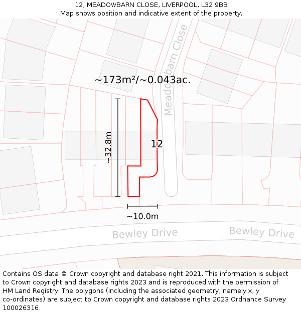 12, MEADOWBARN CLOSE, LIVERPOOL, L32 9BB: Plot and title map