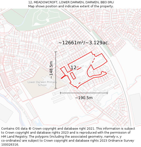 12, MEADOWCROFT, LOWER DARWEN, DARWEN, BB3 0RU: Plot and title map