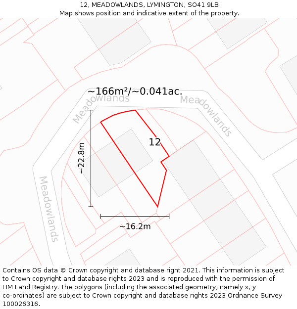 12, MEADOWLANDS, LYMINGTON, SO41 9LB: Plot and title map
