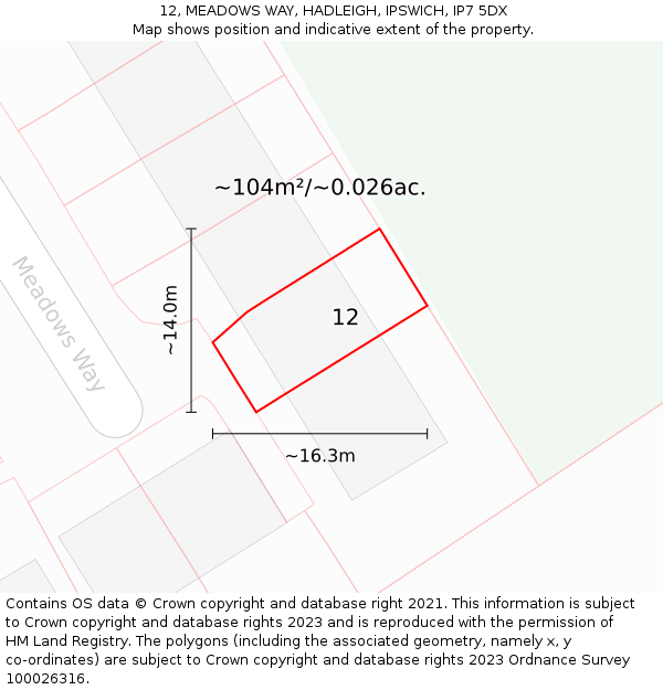 12, MEADOWS WAY, HADLEIGH, IPSWICH, IP7 5DX: Plot and title map