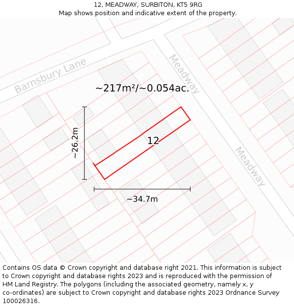 12, MEADWAY, SURBITON, KT5 9RG: Plot and title map