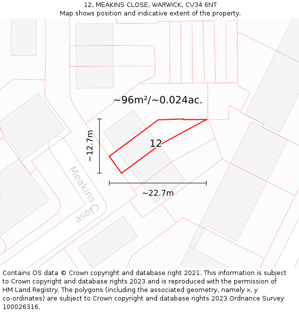 12, MEAKINS CLOSE, WARWICK, CV34 6NT: Plot and title map