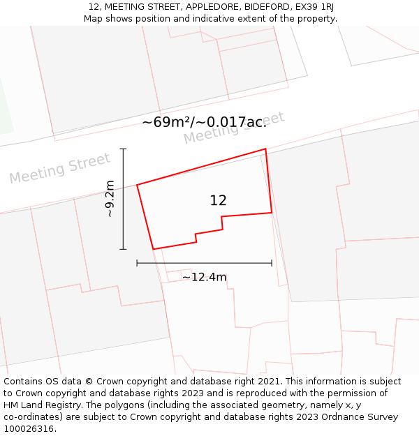 12, MEETING STREET, APPLEDORE, BIDEFORD, EX39 1RJ: Plot and title map