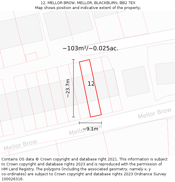 12, MELLOR BROW, MELLOR, BLACKBURN, BB2 7EX: Plot and title map