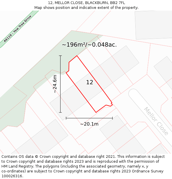 12, MELLOR CLOSE, BLACKBURN, BB2 7FL: Plot and title map