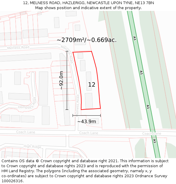 12, MELNESS ROAD, HAZLERIGG, NEWCASTLE UPON TYNE, NE13 7BN: Plot and title map