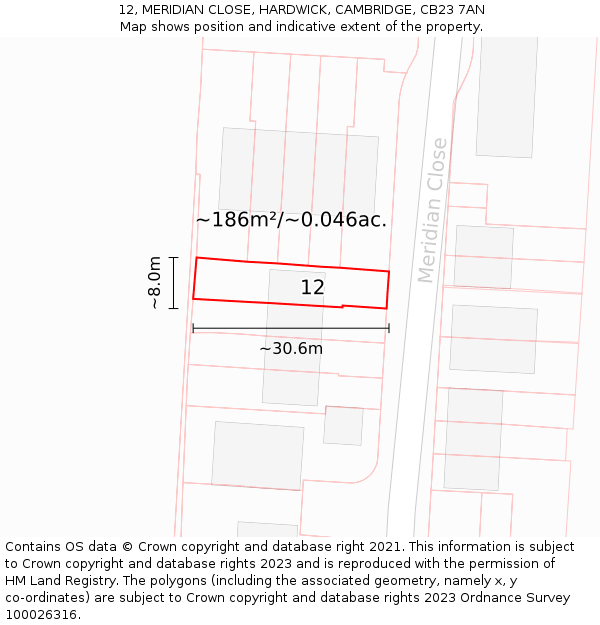 12, MERIDIAN CLOSE, HARDWICK, CAMBRIDGE, CB23 7AN: Plot and title map