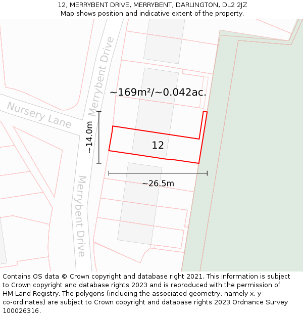 12, MERRYBENT DRIVE, MERRYBENT, DARLINGTON, DL2 2JZ: Plot and title map