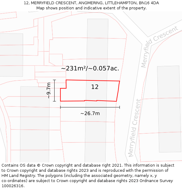 12, MERRYFIELD CRESCENT, ANGMERING, LITTLEHAMPTON, BN16 4DA: Plot and title map