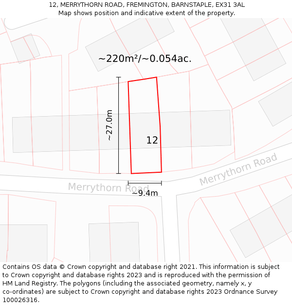 12, MERRYTHORN ROAD, FREMINGTON, BARNSTAPLE, EX31 3AL: Plot and title map