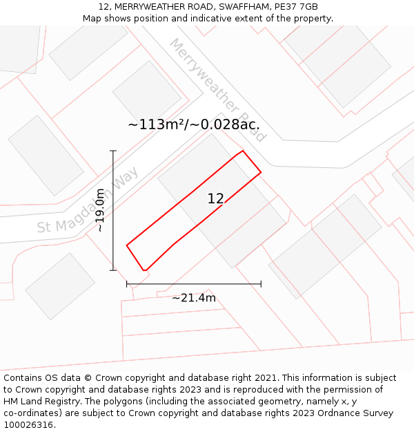 12, MERRYWEATHER ROAD, SWAFFHAM, PE37 7GB: Plot and title map
