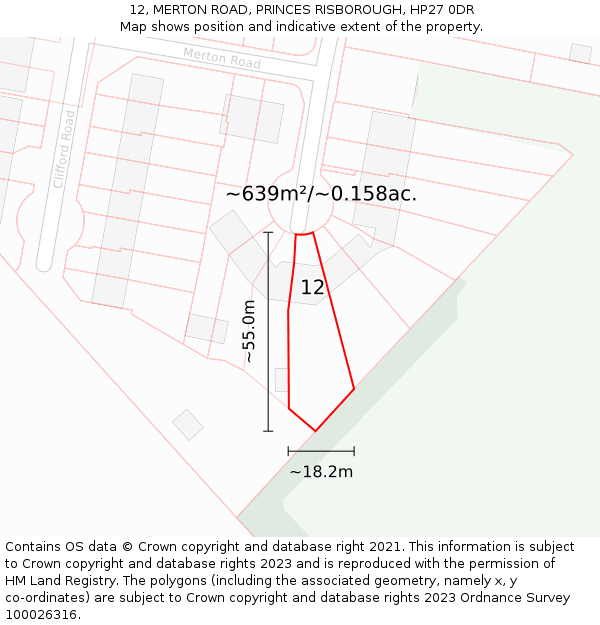 12, MERTON ROAD, PRINCES RISBOROUGH, HP27 0DR: Plot and title map