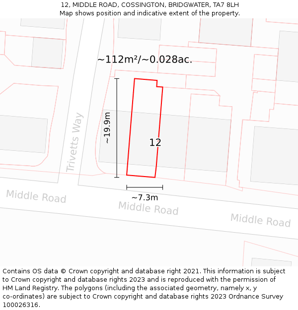 12, MIDDLE ROAD, COSSINGTON, BRIDGWATER, TA7 8LH: Plot and title map