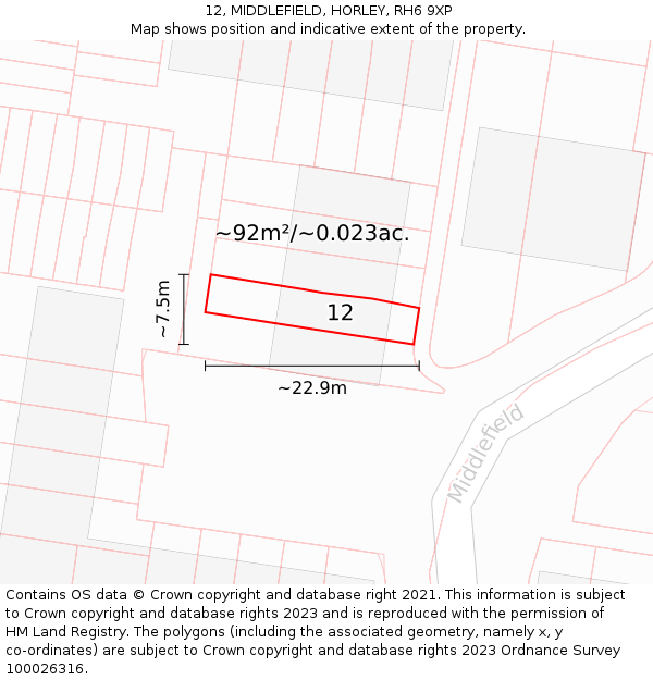 12, MIDDLEFIELD, HORLEY, RH6 9XP: Plot and title map