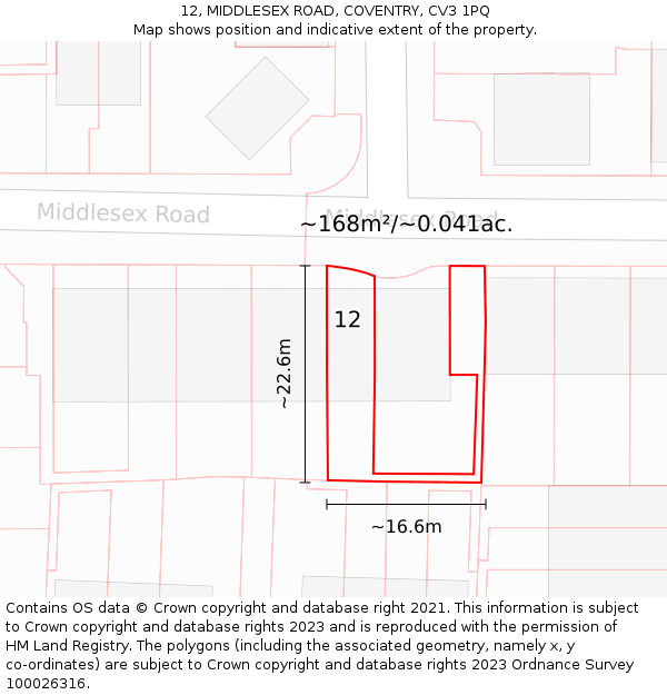 12, MIDDLESEX ROAD, COVENTRY, CV3 1PQ: Plot and title map