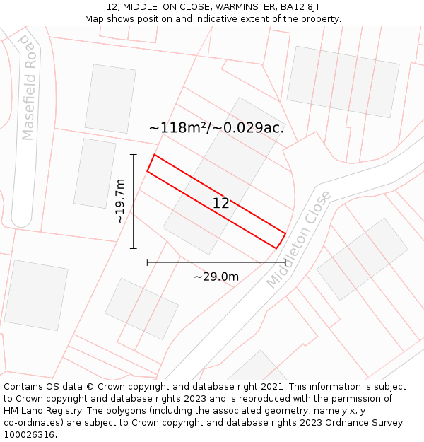12, MIDDLETON CLOSE, WARMINSTER, BA12 8JT: Plot and title map
