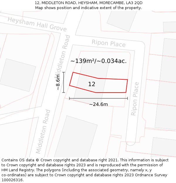 12, MIDDLETON ROAD, HEYSHAM, MORECAMBE, LA3 2QD: Plot and title map