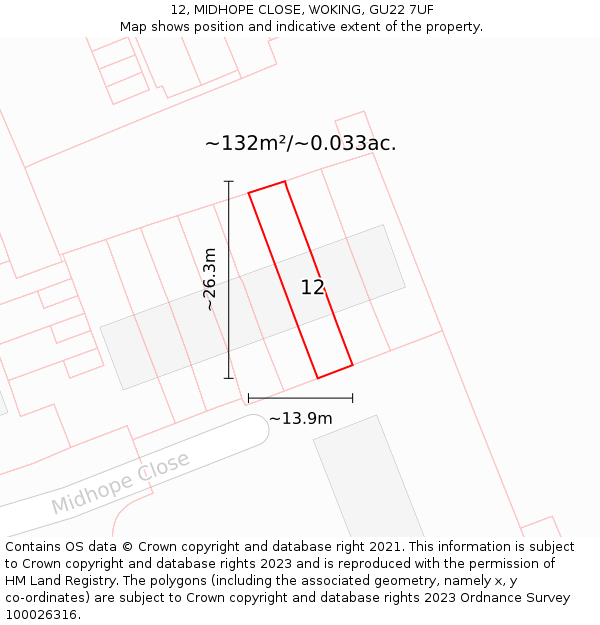 12, MIDHOPE CLOSE, WOKING, GU22 7UF: Plot and title map