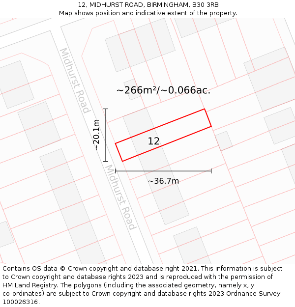 12, MIDHURST ROAD, BIRMINGHAM, B30 3RB: Plot and title map