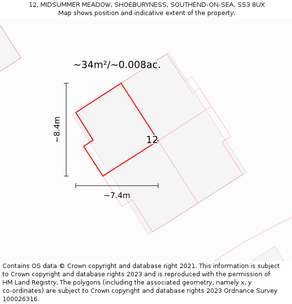 12, MIDSUMMER MEADOW, SHOEBURYNESS, SOUTHEND-ON-SEA, SS3 8UX: Plot and title map