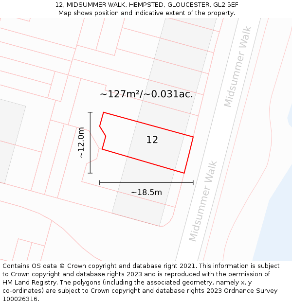 12, MIDSUMMER WALK, HEMPSTED, GLOUCESTER, GL2 5EF: Plot and title map