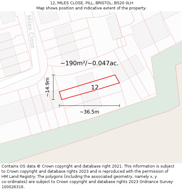 12, MILES CLOSE, PILL, BRISTOL, BS20 0LH: Plot and title map