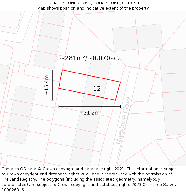 12, MILESTONE CLOSE, FOLKESTONE, CT19 5TE: Plot and title map