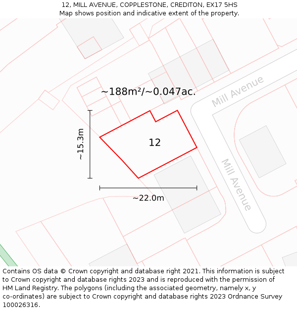 12, MILL AVENUE, COPPLESTONE, CREDITON, EX17 5HS: Plot and title map