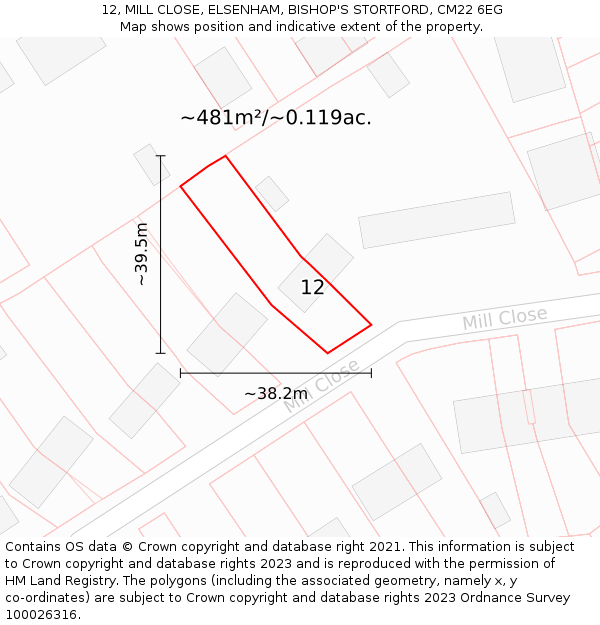 12, MILL CLOSE, ELSENHAM, BISHOP'S STORTFORD, CM22 6EG: Plot and title map
