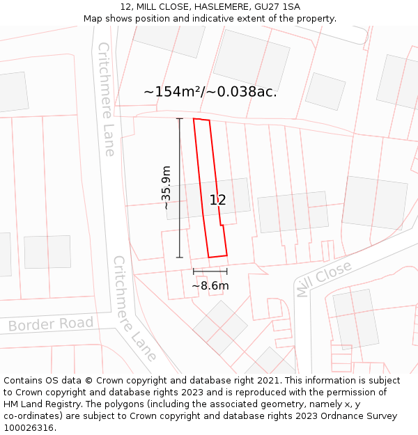 12, MILL CLOSE, HASLEMERE, GU27 1SA: Plot and title map