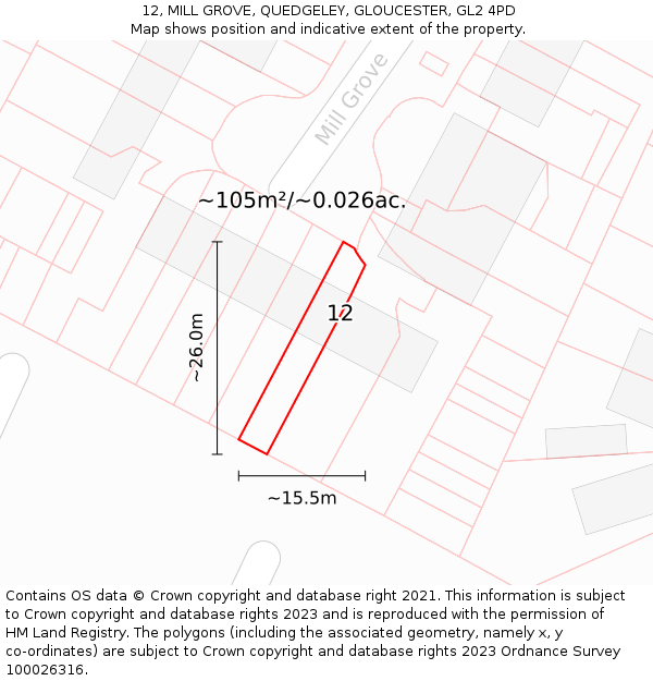 12, MILL GROVE, QUEDGELEY, GLOUCESTER, GL2 4PD: Plot and title map